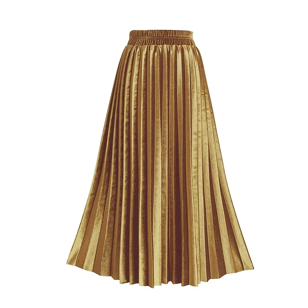 TONCHENGSD Women's Gold Velvet High Waist Flared Skirt Pleated Midi Light L